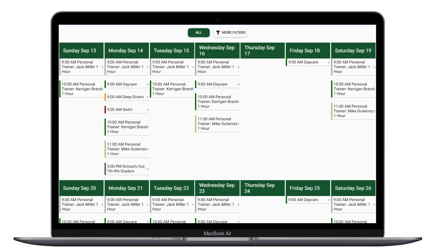 Cogran calendar showing scheduled programs and facility availability