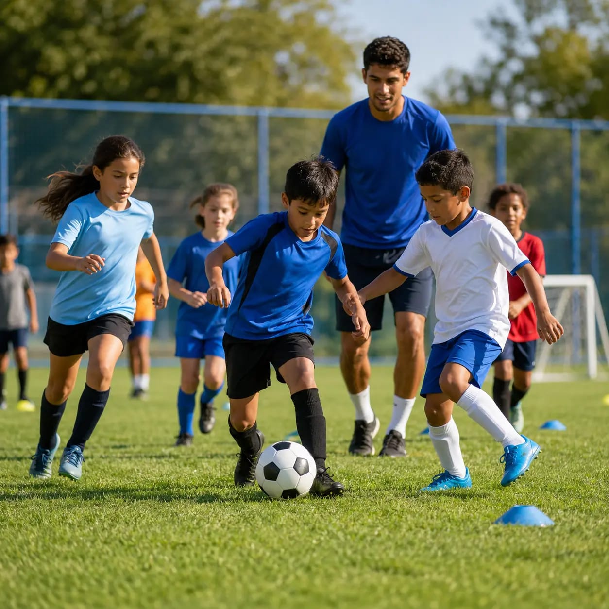 A coach helping children during a soccer activity