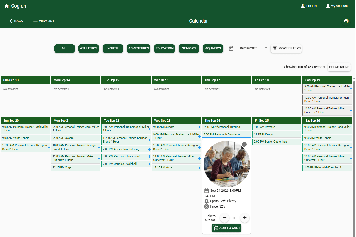Cogran recreation calendar showing programs and availability