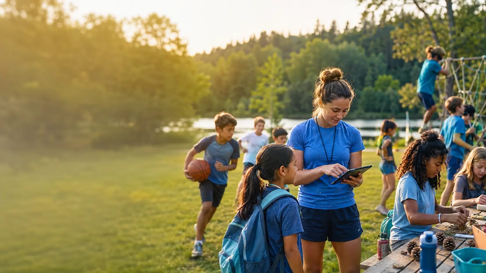 A camp counselor checking program information while children play