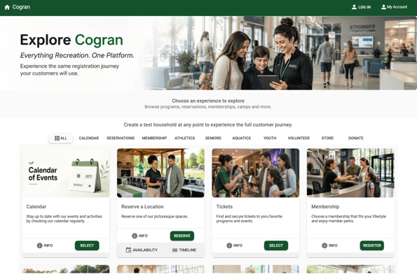 Cogran calendar interface showing activities, dates, availability, and registration information