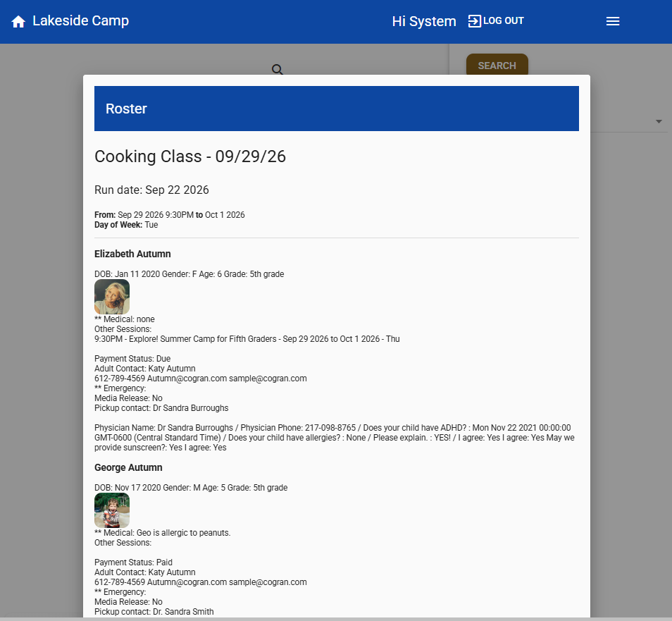Printable Cogran roster with participant details and barcodes