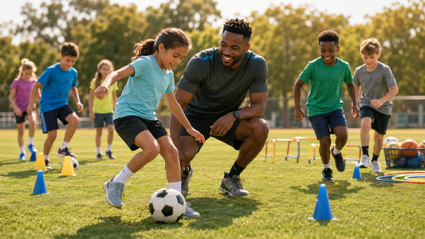 A coach leading children through a soccer activity