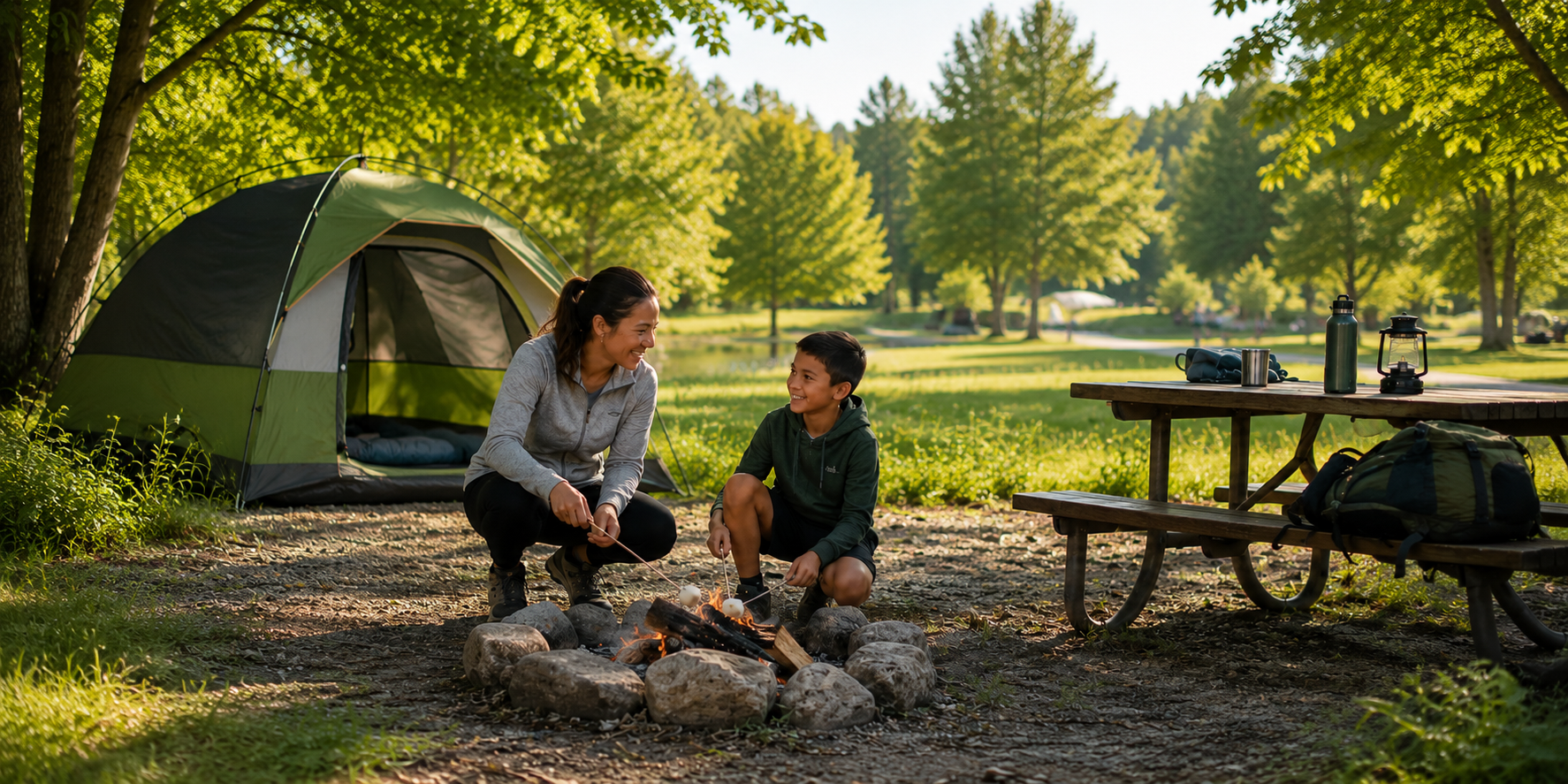 An adult and children sharing stories around a campfire beside a lake and cabin