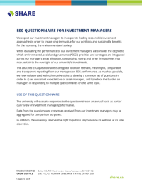 ESG QUESTIONNAIRE FOR INVESTMENT MANAGERS - USE OF THIS QUESTIONNAIRE