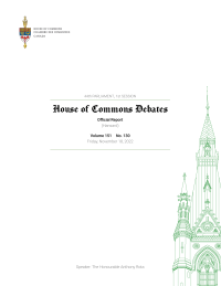 Debates of the House of Commons of Canada (Hansard) . Vol.151, no.130, Friday, November 18, 2022