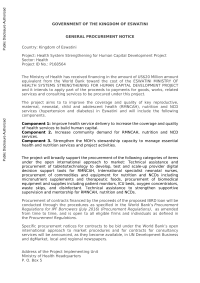 Eswatini - EASTERN AND SOUTHERN AFRICA- P168564- Health System Strengthening for Human Capital Development in Eswatini - Procurement Plan (English)