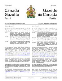 Canada gazette. Part I = Gazette du Canada. Partie I. Vol.157, no.1, Saturday, January 7, 2023