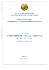 Environmental and Social Management Plan (ESMP) Lao PDR: Domestic Grid Optimization Project (P178477) (English)