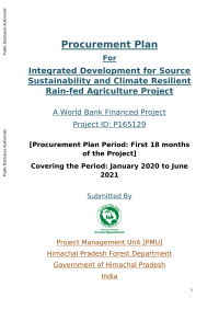 India - SOUTH ASIA- P165129- Integrated Project for Source Sustainability and Climate Resilient Rain-fed Agriculture in Himachal Pradesh - Procurement Plan (English)