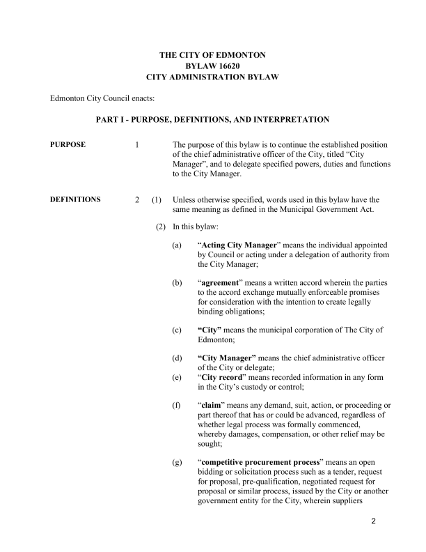 CITY OF EDMONTON BYLAW 16620 CITY ADMINISTRATION BYLAW Canada Commons