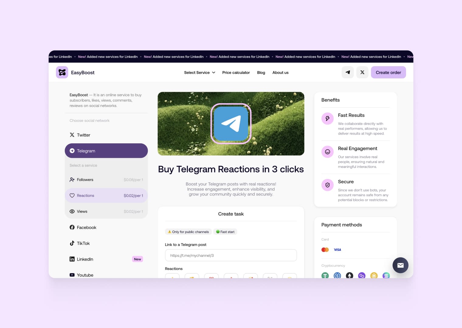 Go to Telegram Reactions service by EasyBoost