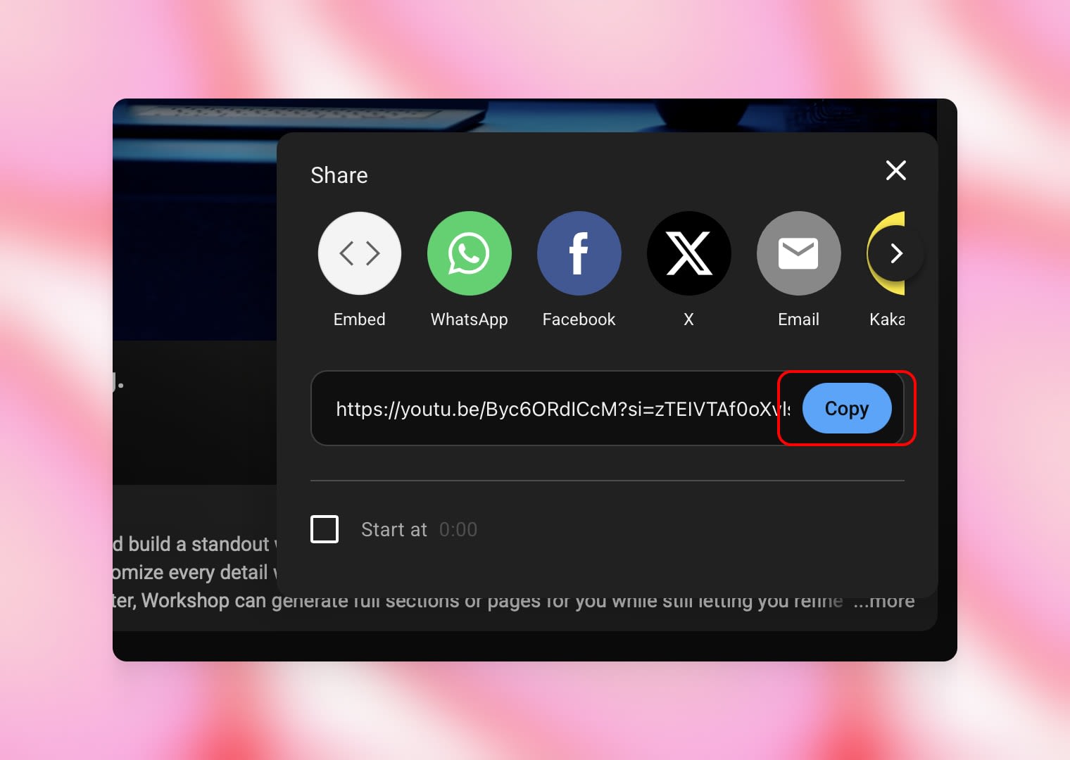 YouTube interface showing the “Share” menu with a video link highlighted and the “Copy” button selected