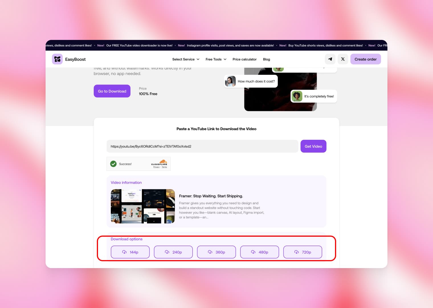 EasyBoost download options displaying available video quality formats such as 144p, 240p, 360p, 480p, and 720p