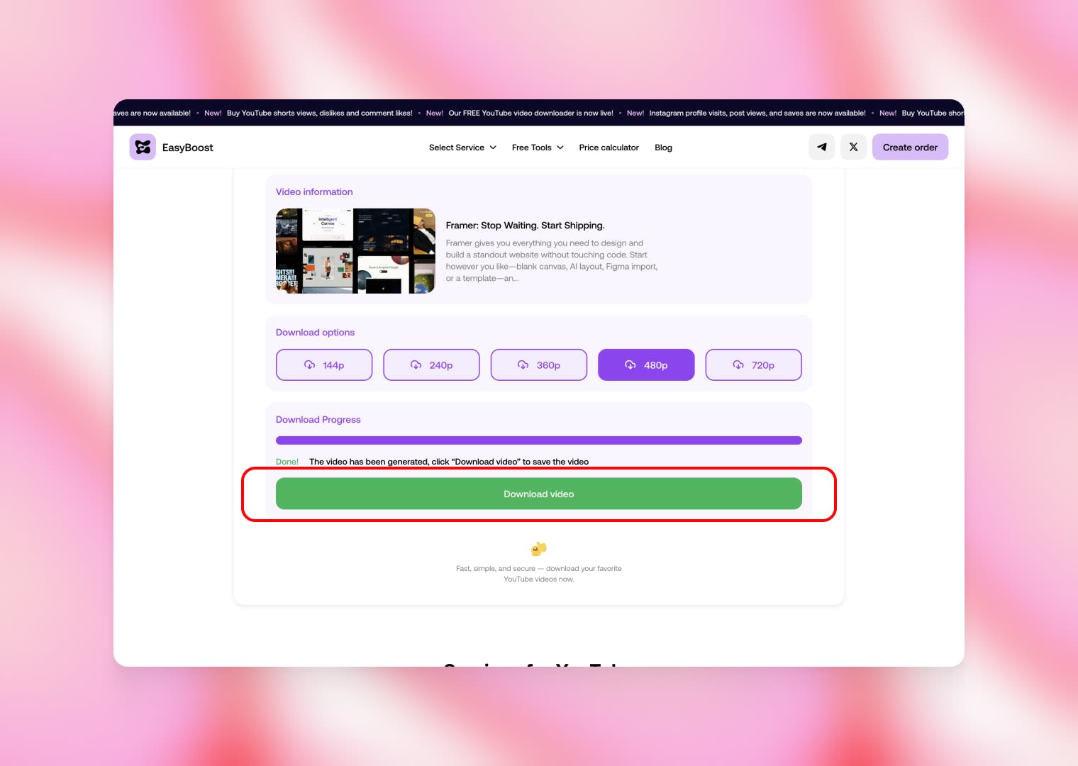 EasyBoost YouTube to MP4 converter showing the “Download video” button after the MP4 file is ready