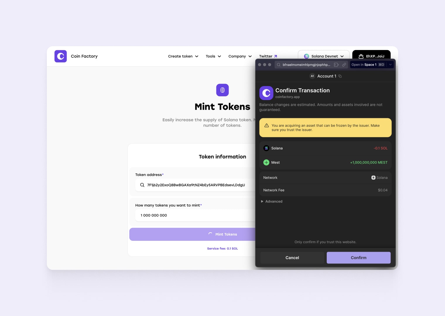 Confirm Mint Tokens in your wallet