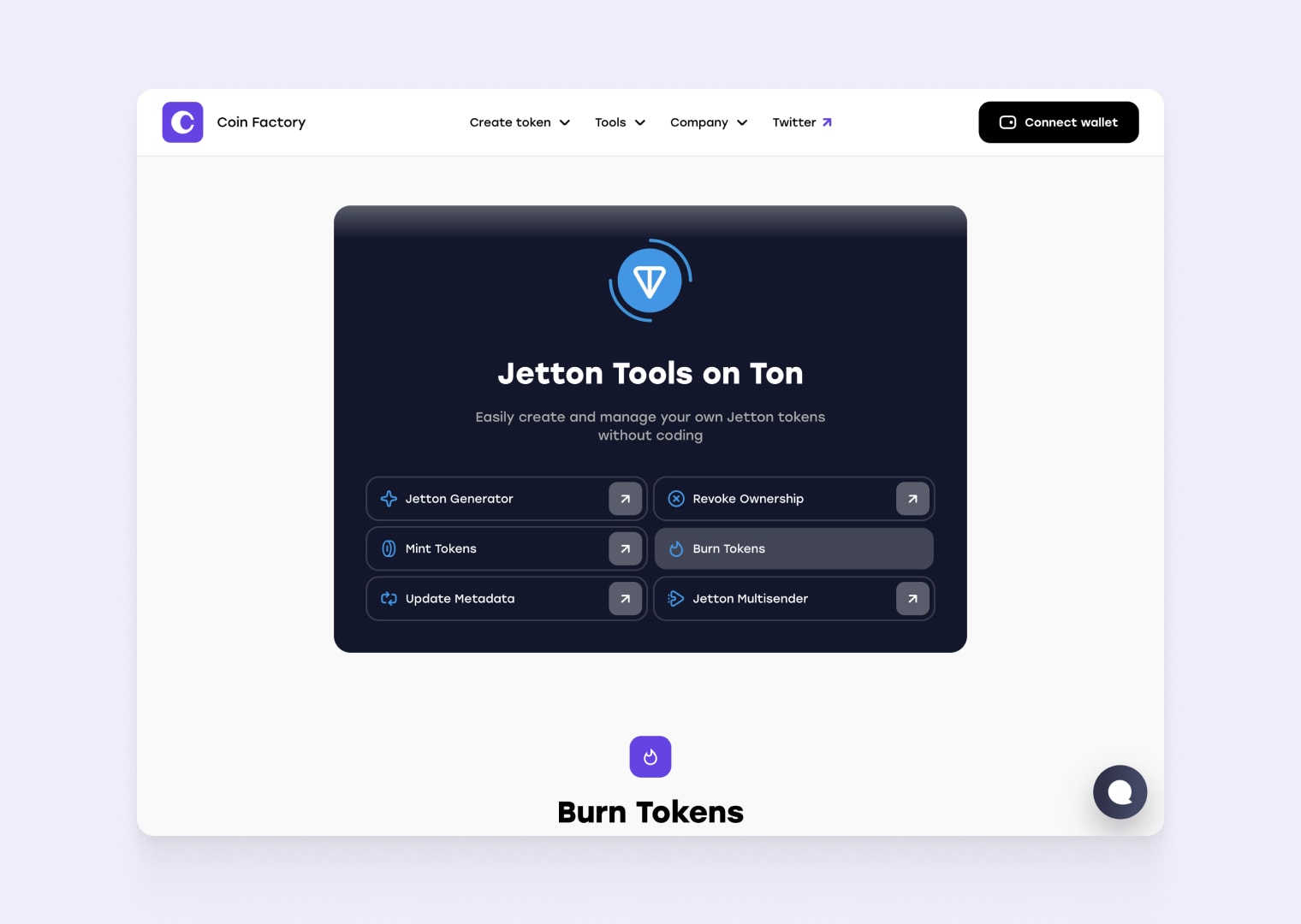 Go to Burn Tokens page on CoinFactory website