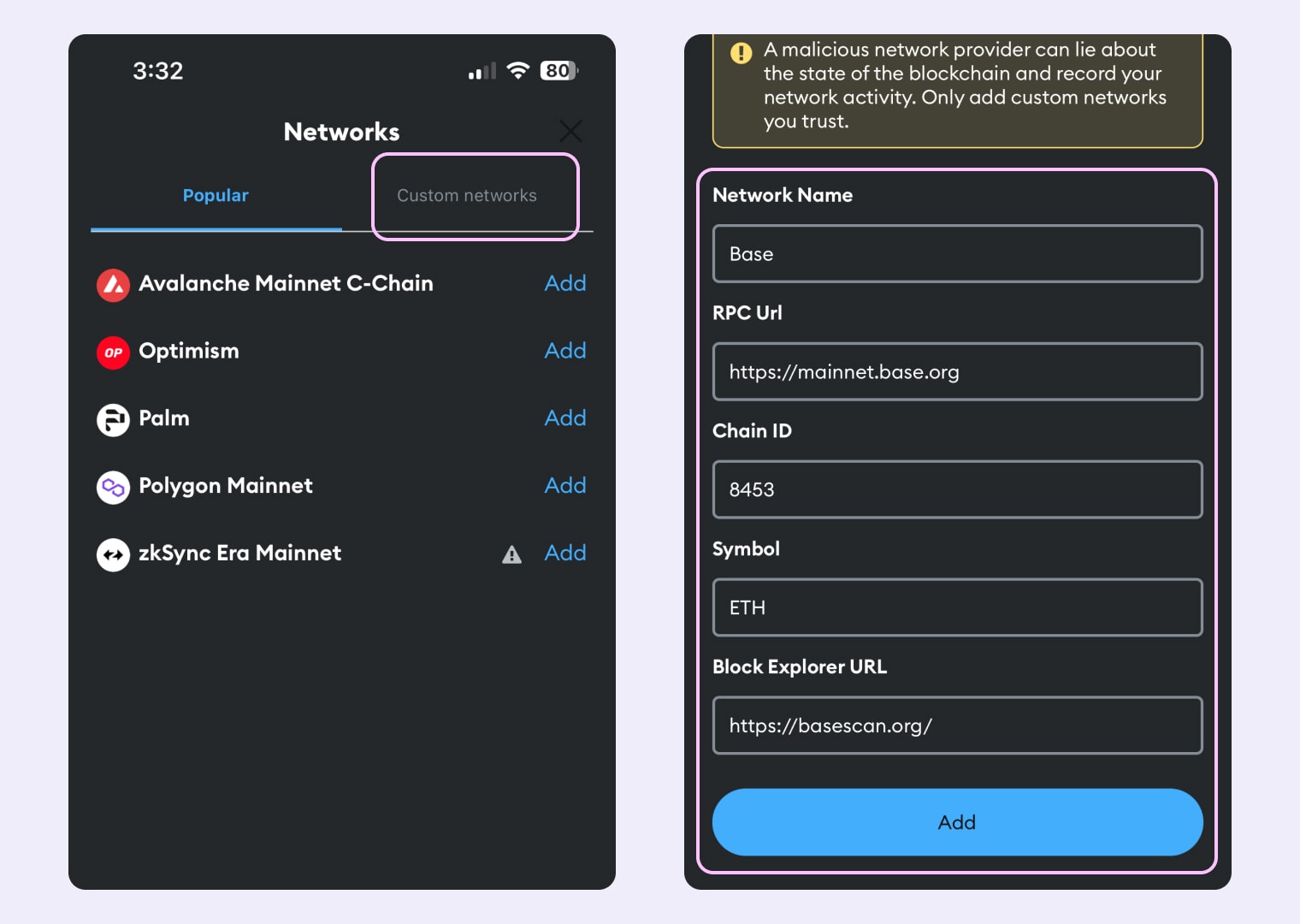 Enter network data in MetaMask