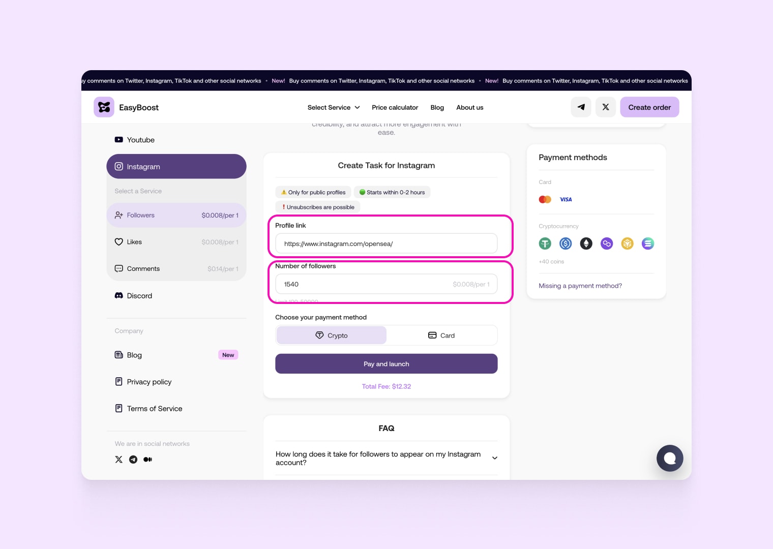 Go to followers purchase page on EasyBoost website