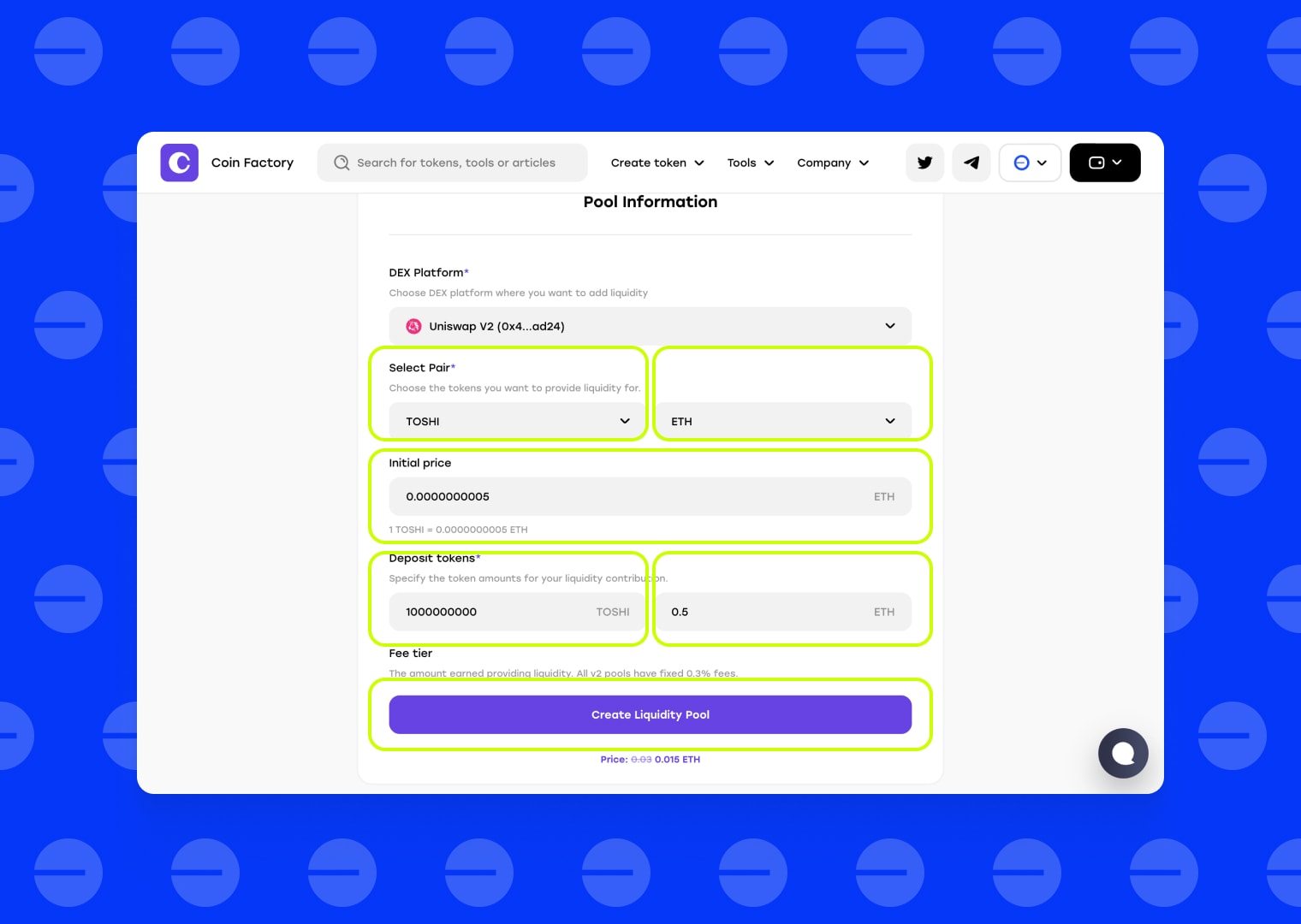 Fill in the pool information and click create