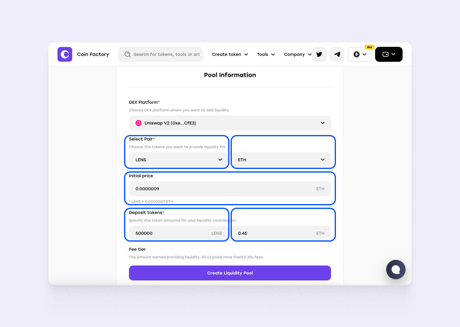 Fill in your liquidity pool details