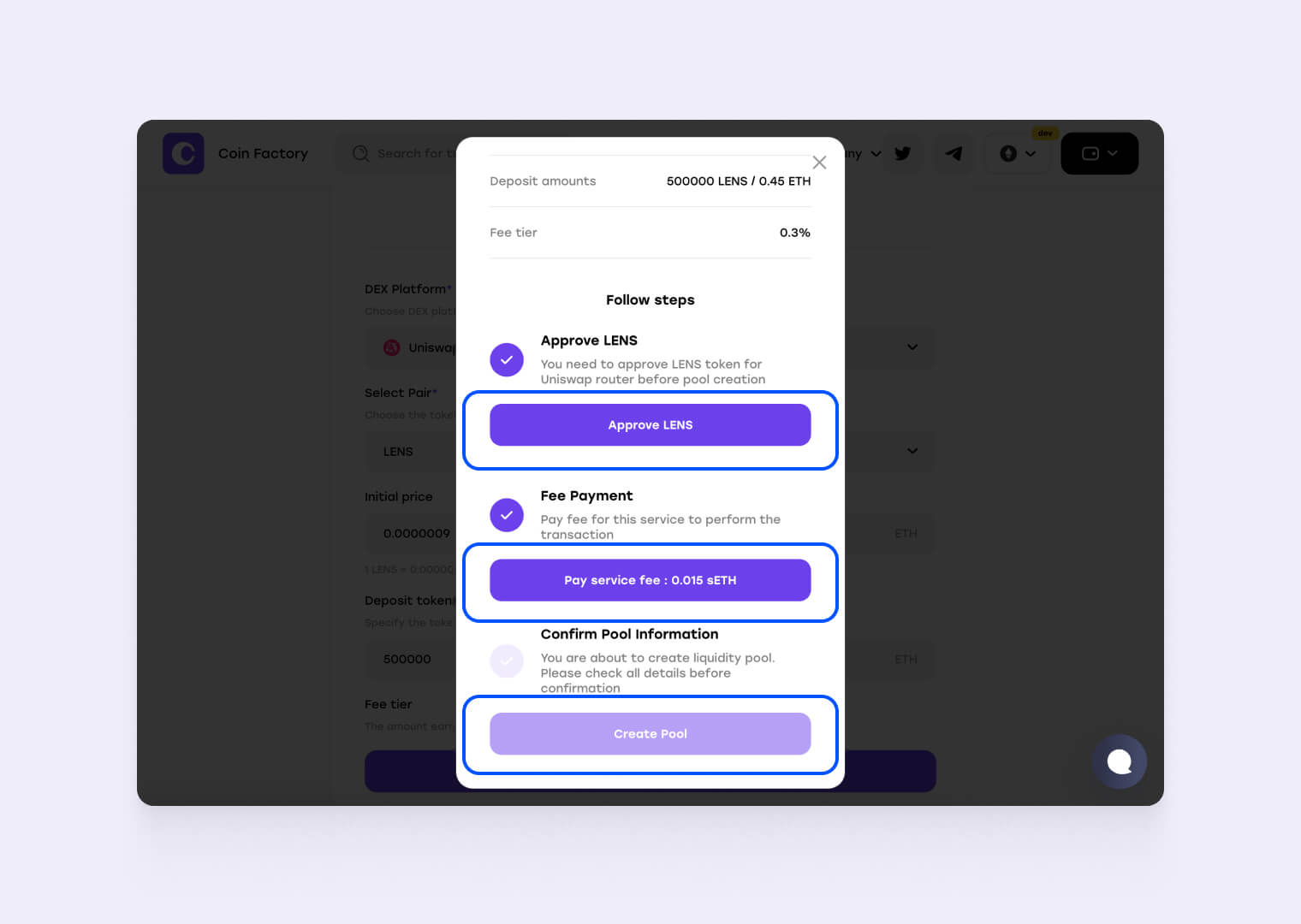 Follow the steps to register a liquidity pool
