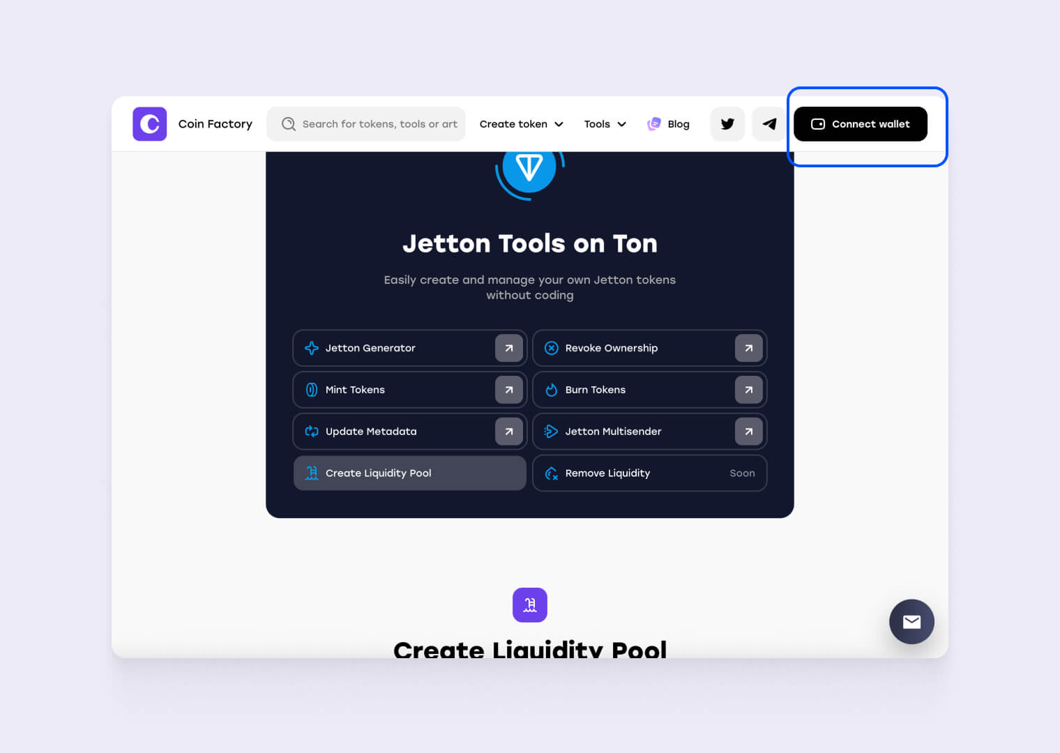 Liquidity pool creation page on CoinFactory