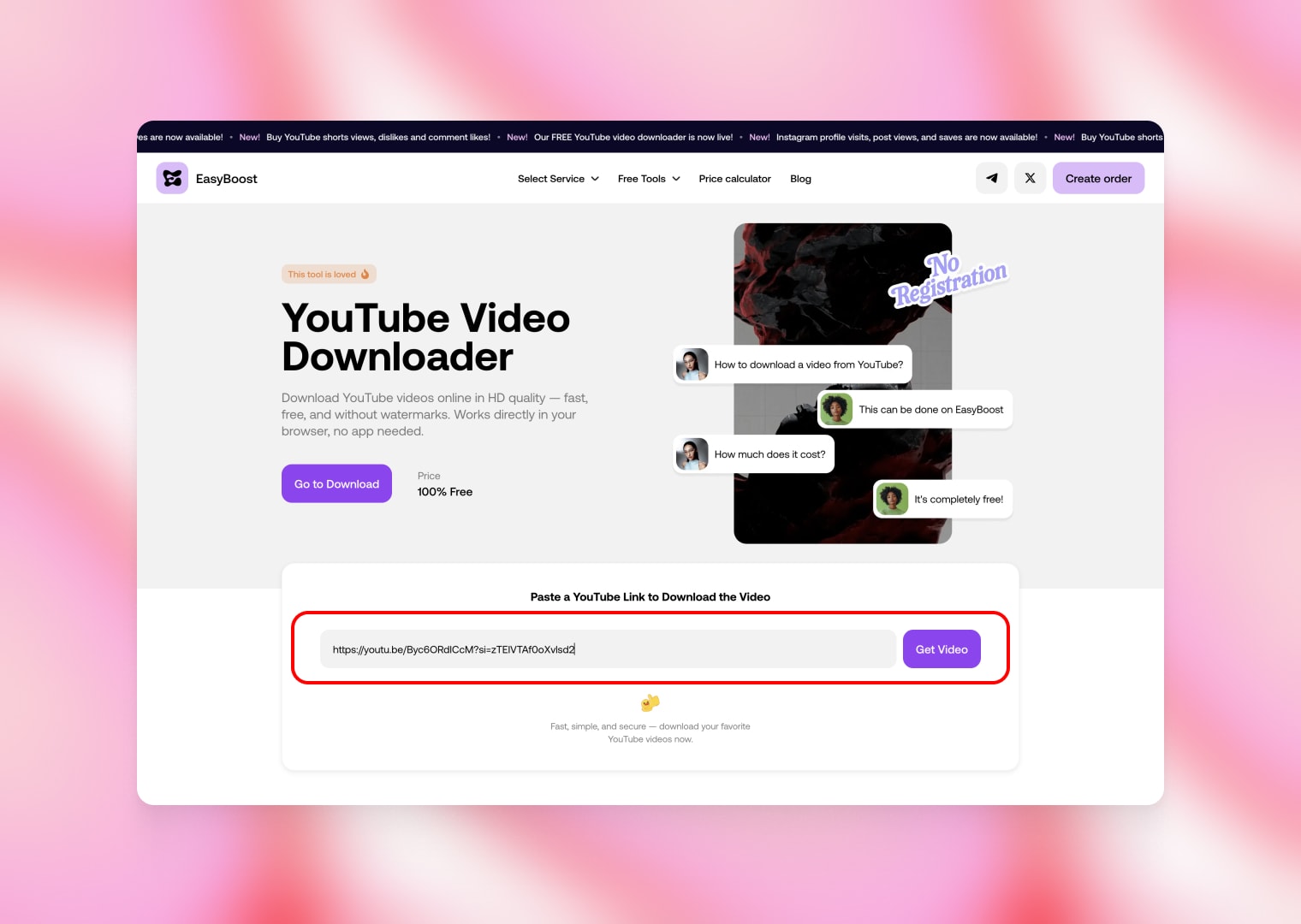 EasyBoost YouTube Video Downloader page with a pasted YouTube link ready to be processed