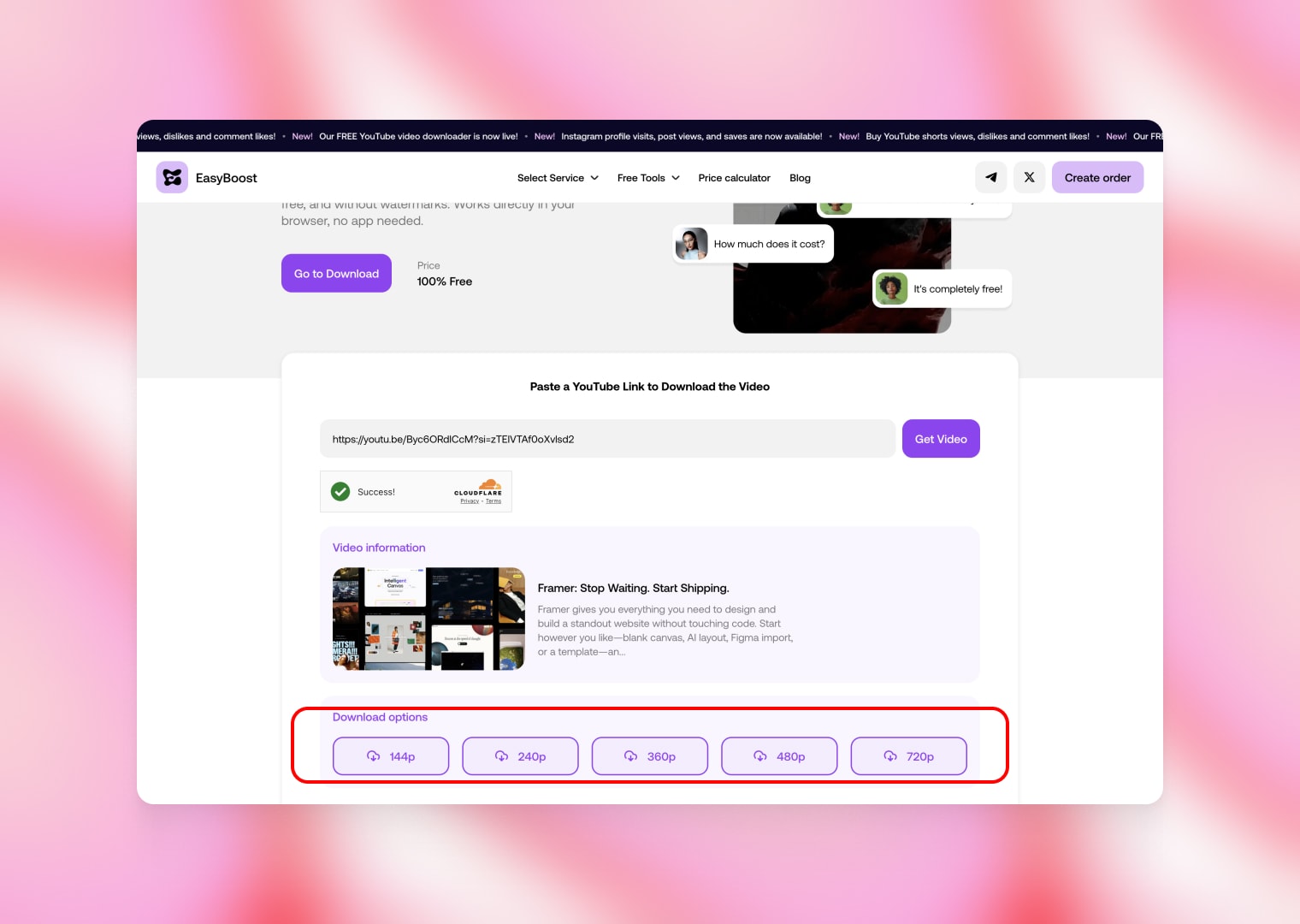 EasyBoost download options displaying available video quality formats such as 144p, 240p, 360p, 480p, and 720p