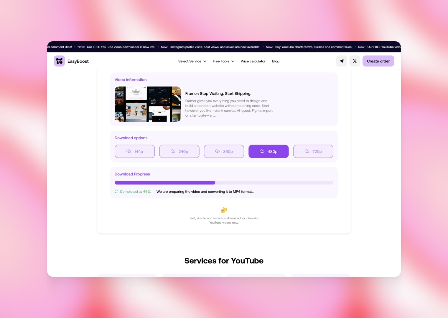 EasyBoost progress bar showing the video conversion process and MP4 preparation