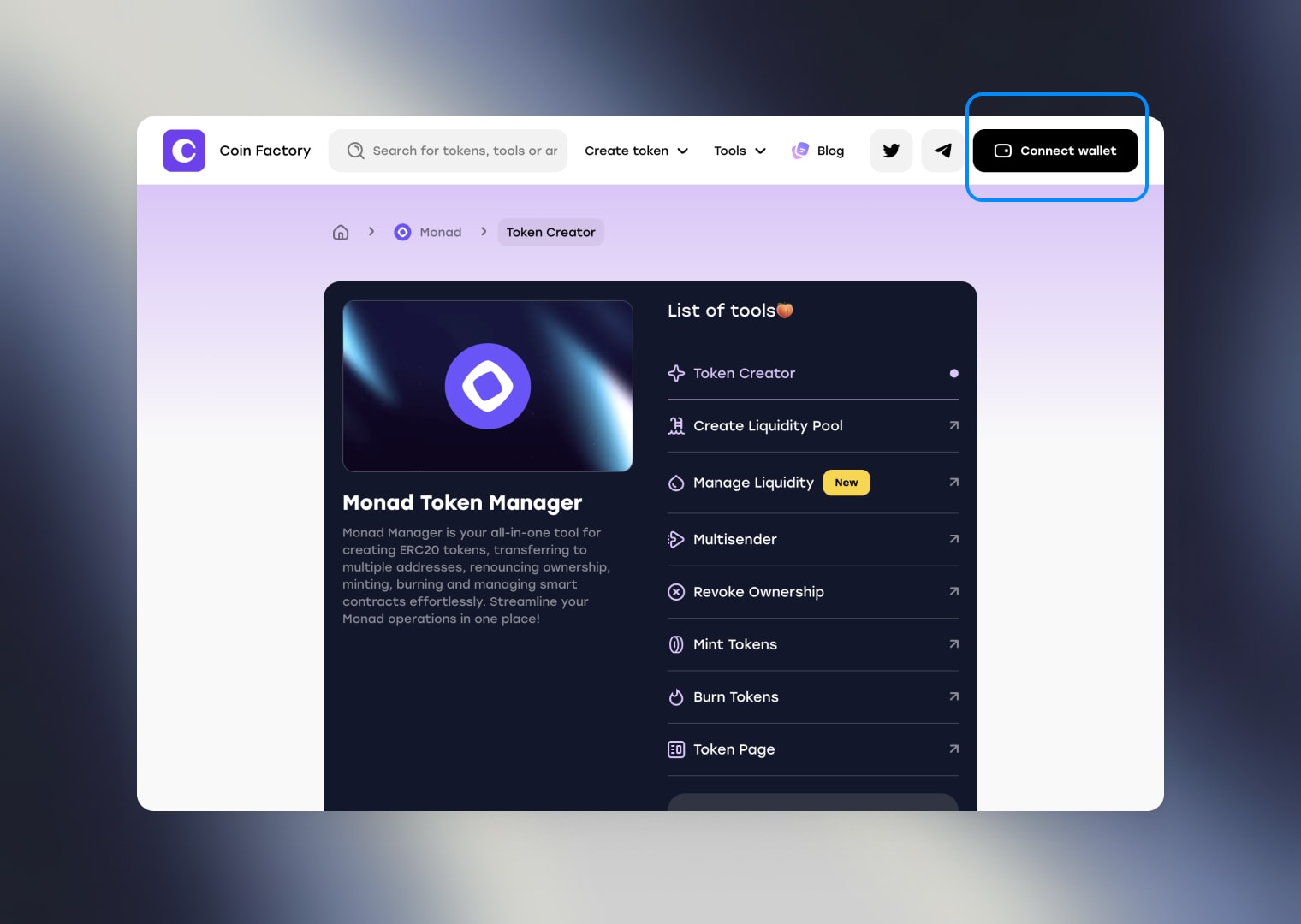 Страница создания токена в сети Monad