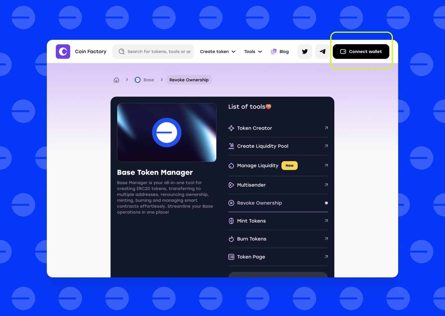 Откройте инструмент отказа от прав собственности на CoinFactory