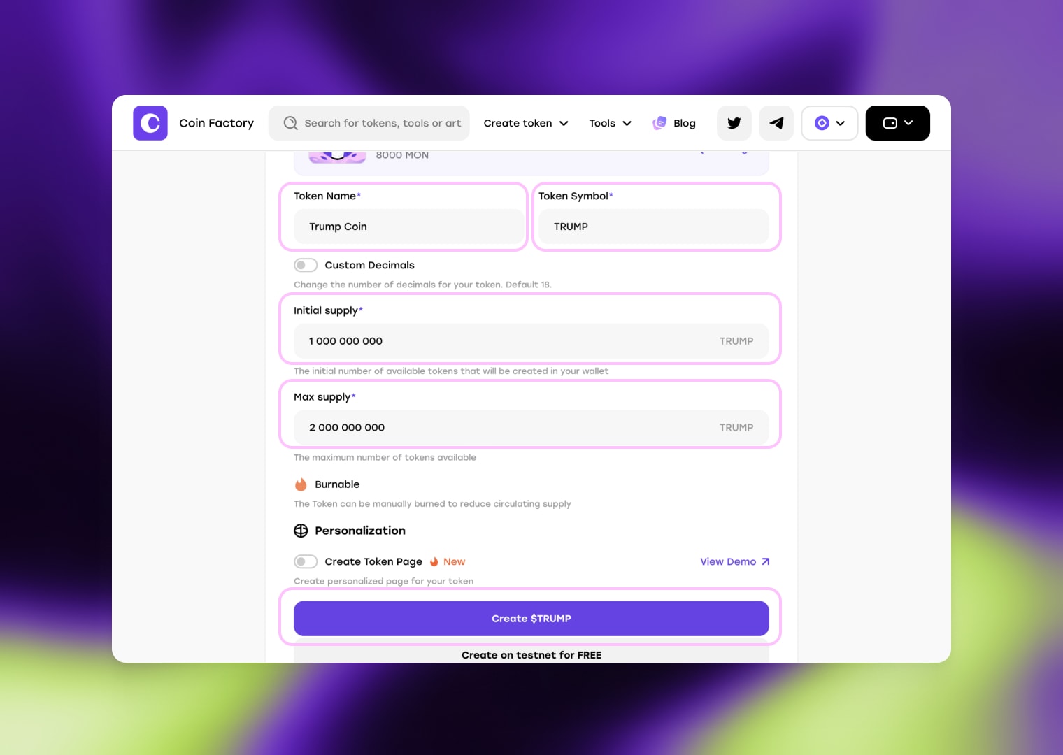 Fill out the form with information about your new token and click the Create Token button