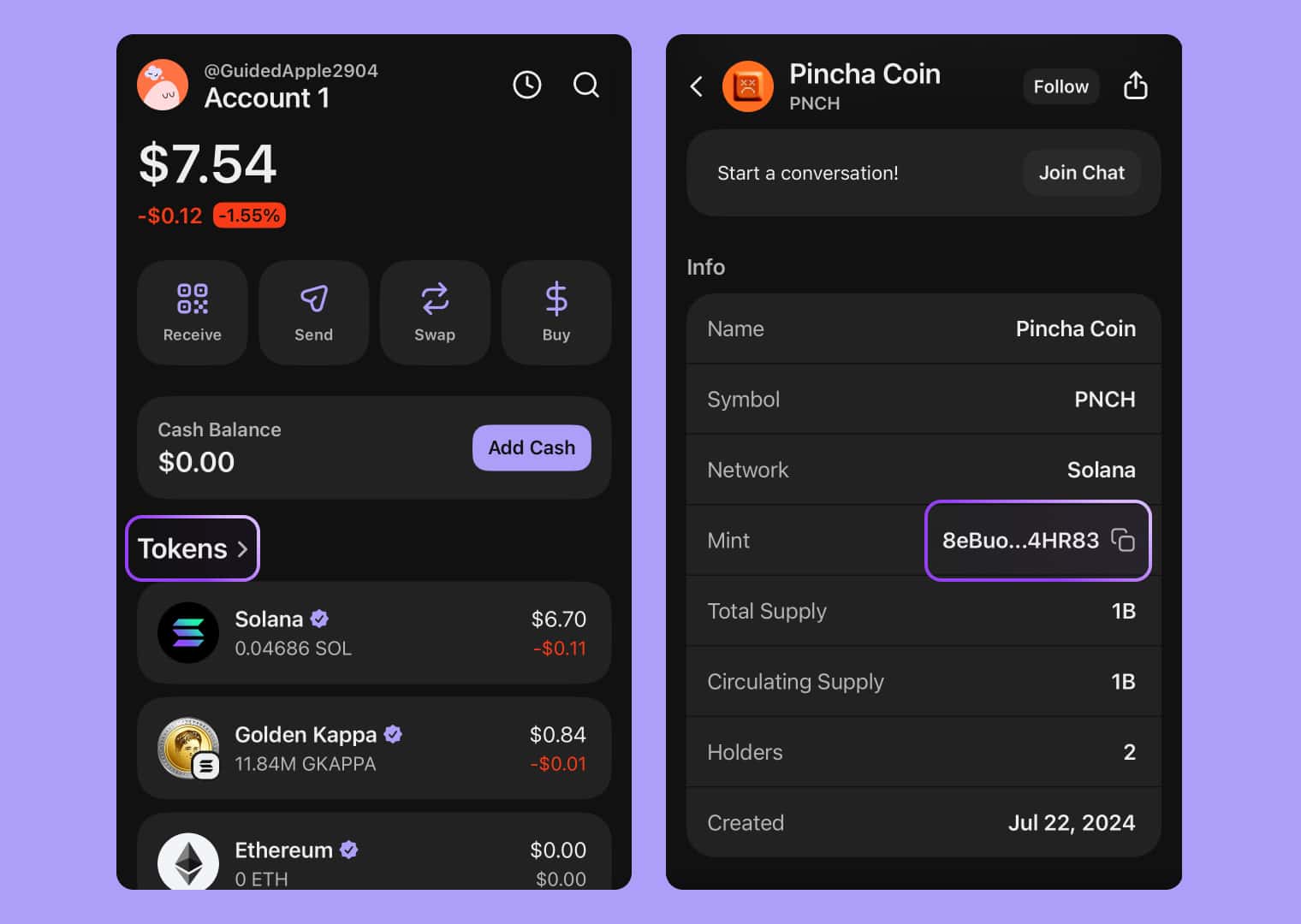 Get the token address in the Phantom wallet