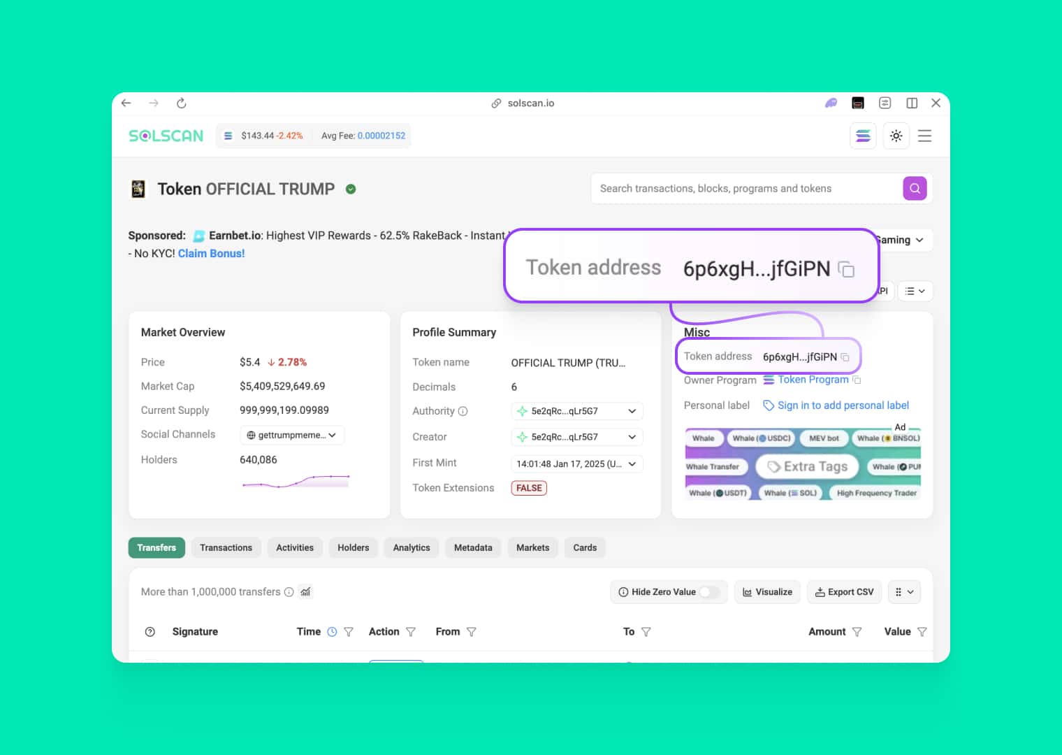 Get the token address in the Solscan explorer