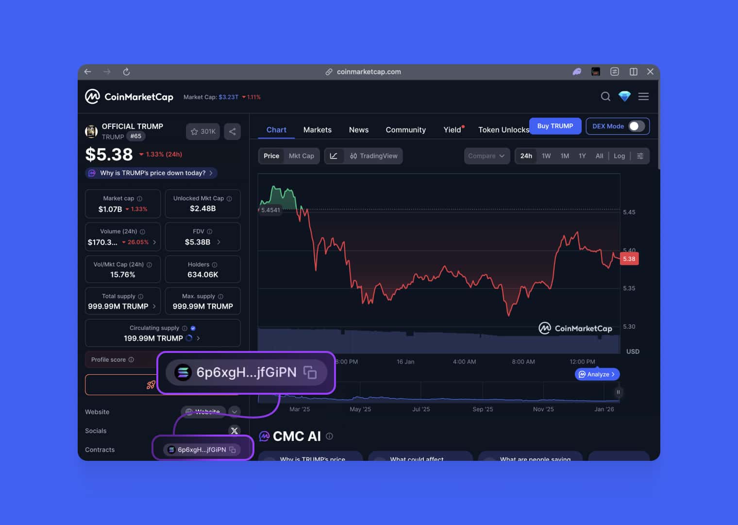 Get the token address from the CoinMarketCap platform