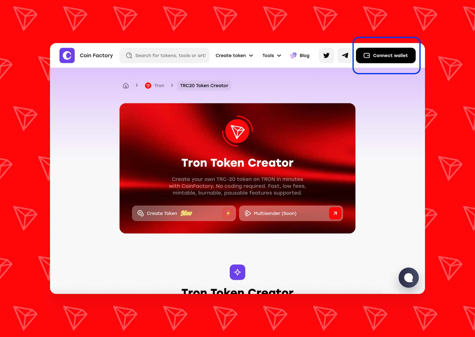 Token creation page on the Tron (TRC-20) network