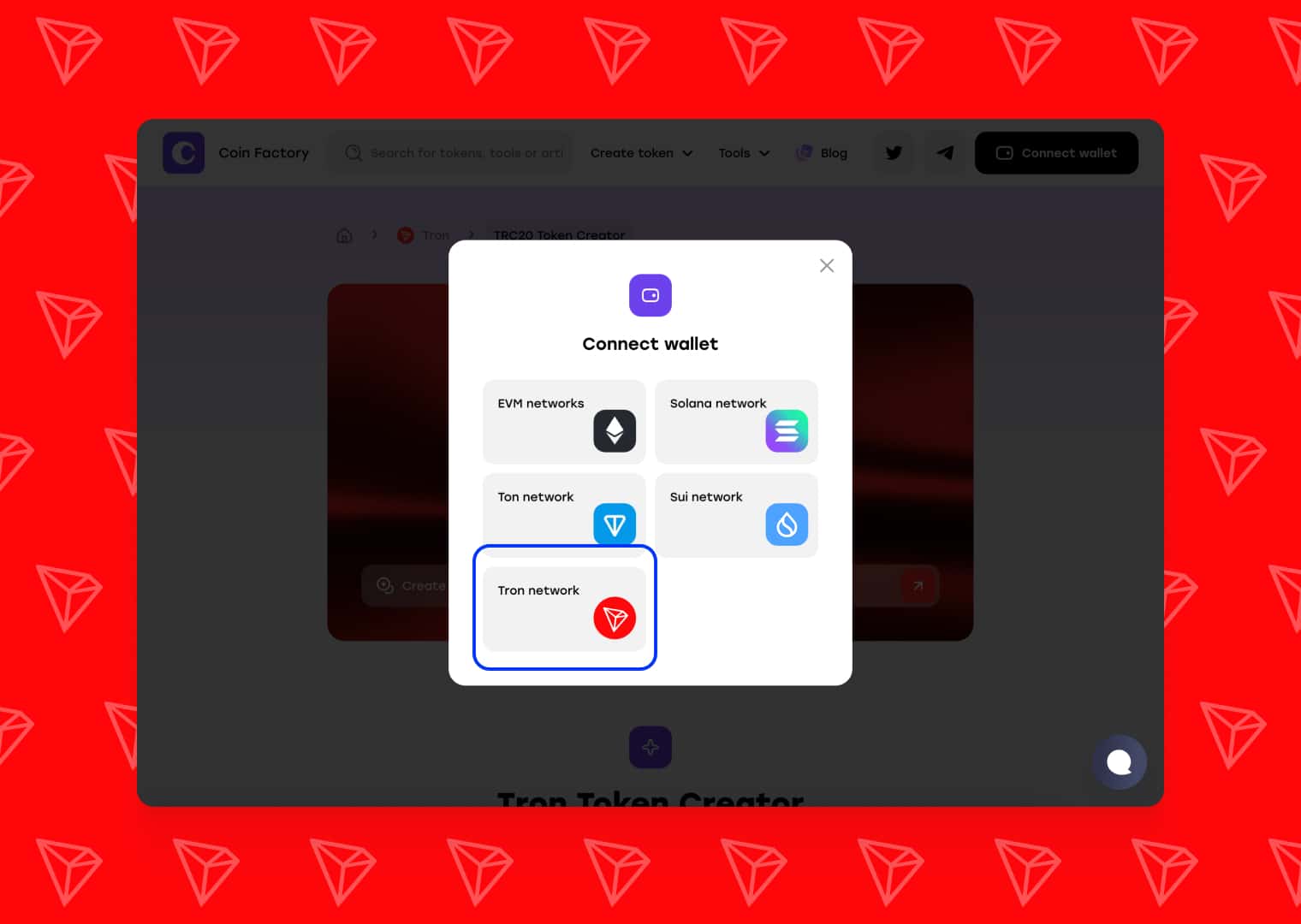 A window for selecting networks to connect a wallet