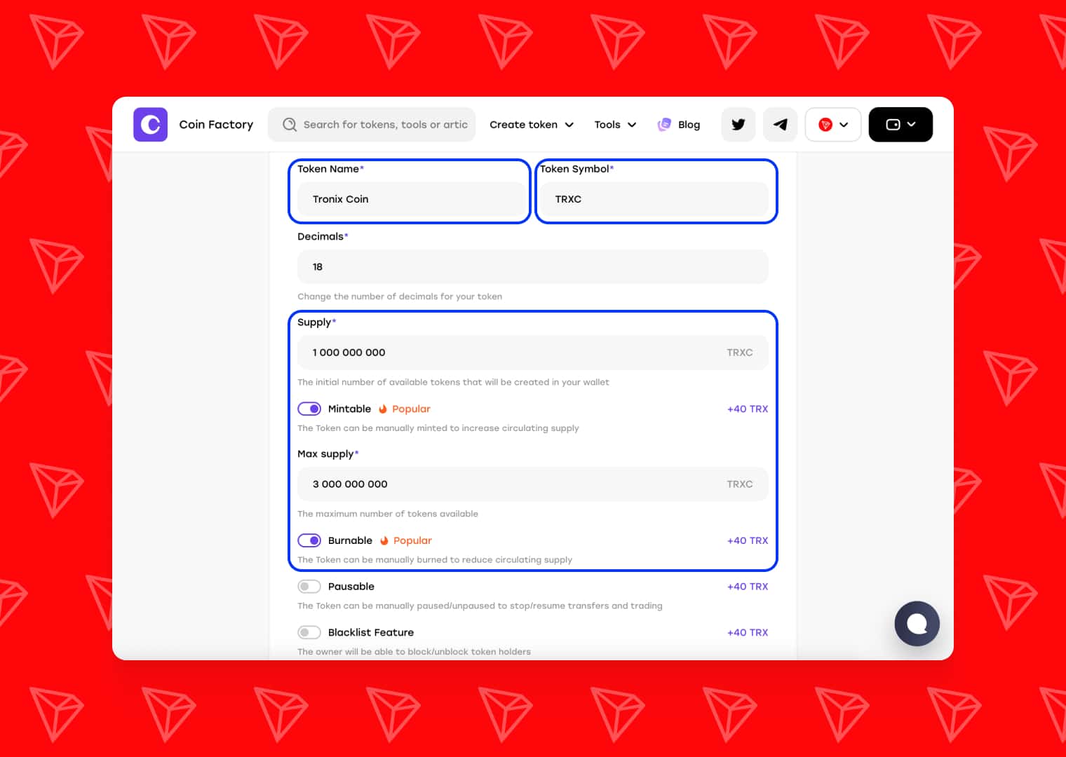 Token information form
