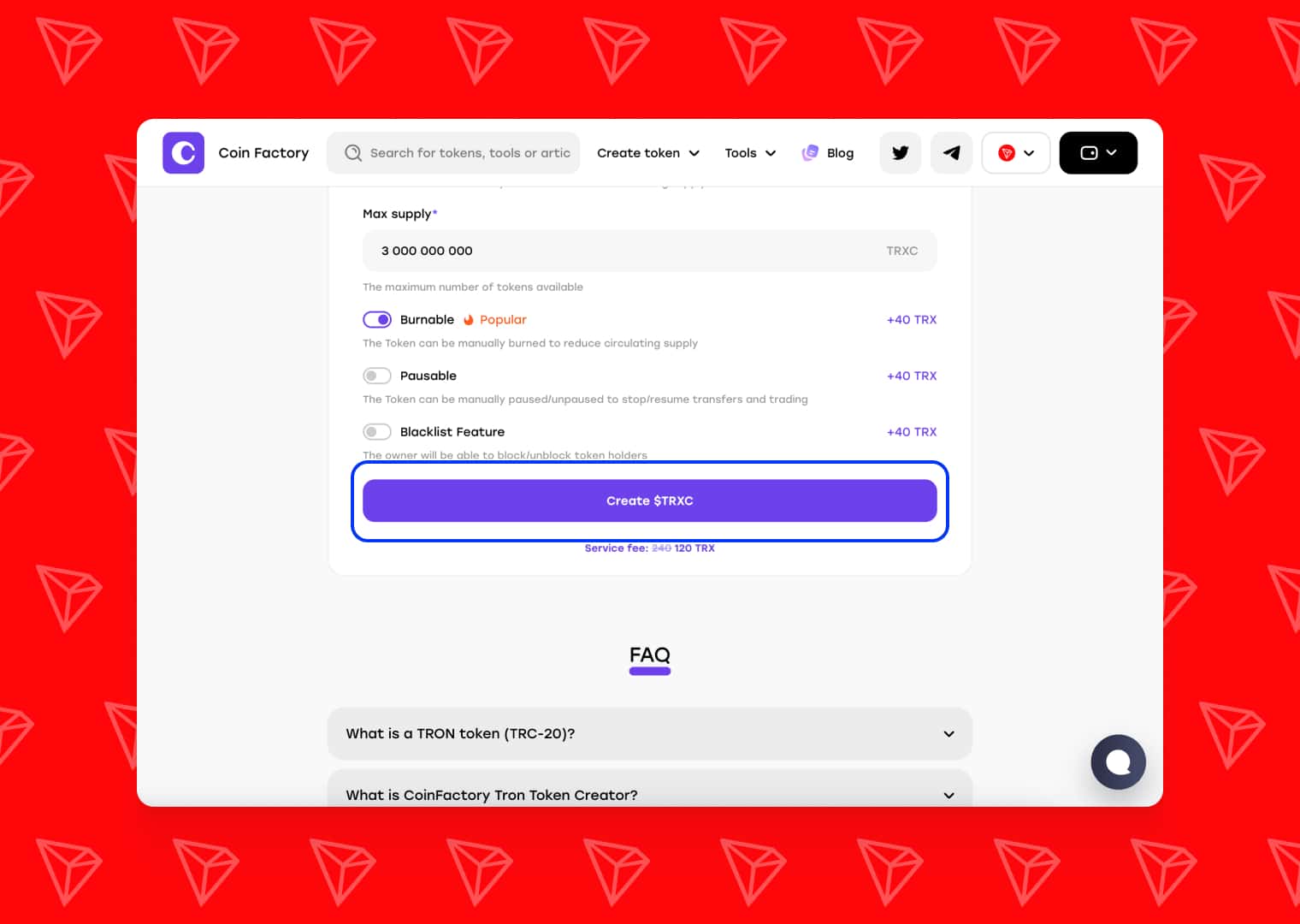 The "Create" button, which will take you to the next step in the token creation process