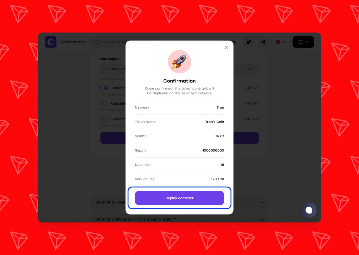 Token creation confirmation window