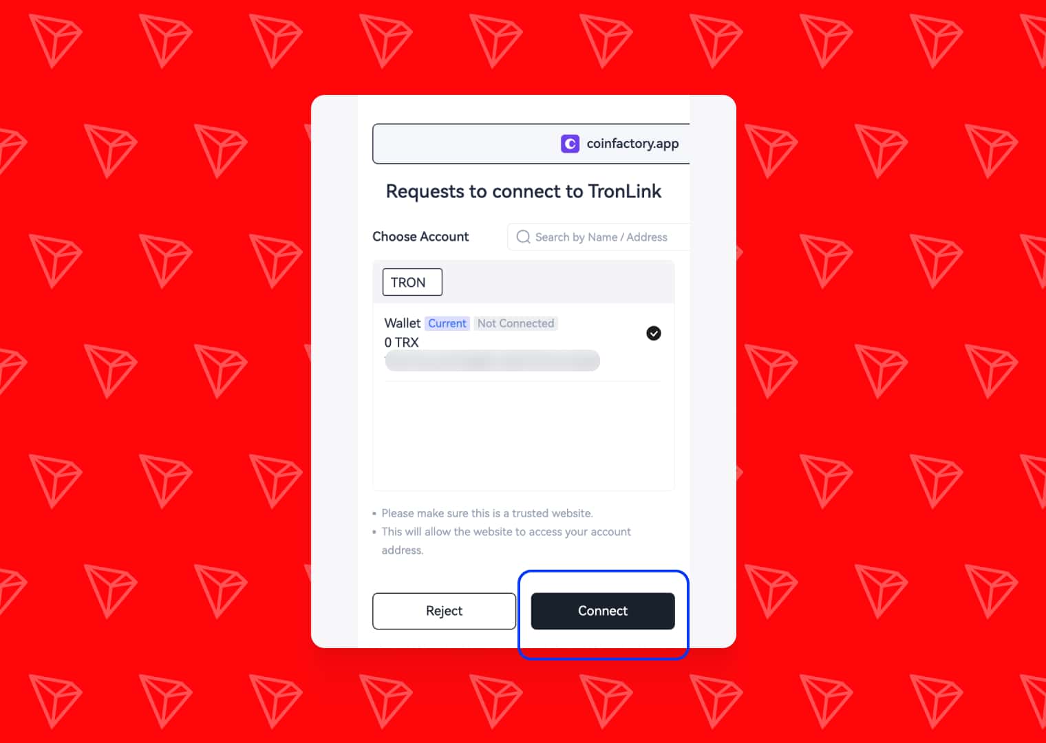 Confirmation window for connecting your wallet to CoinFactory