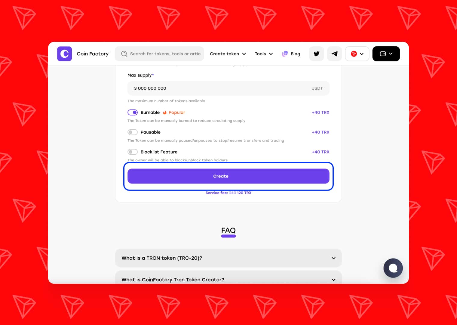 The "Create" button, which will take you to the next step in the token creation process
