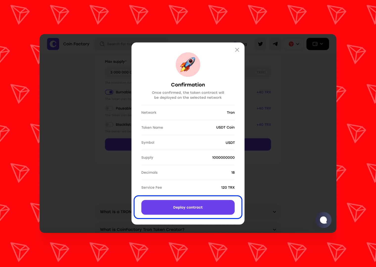 Token creation confirmation window
