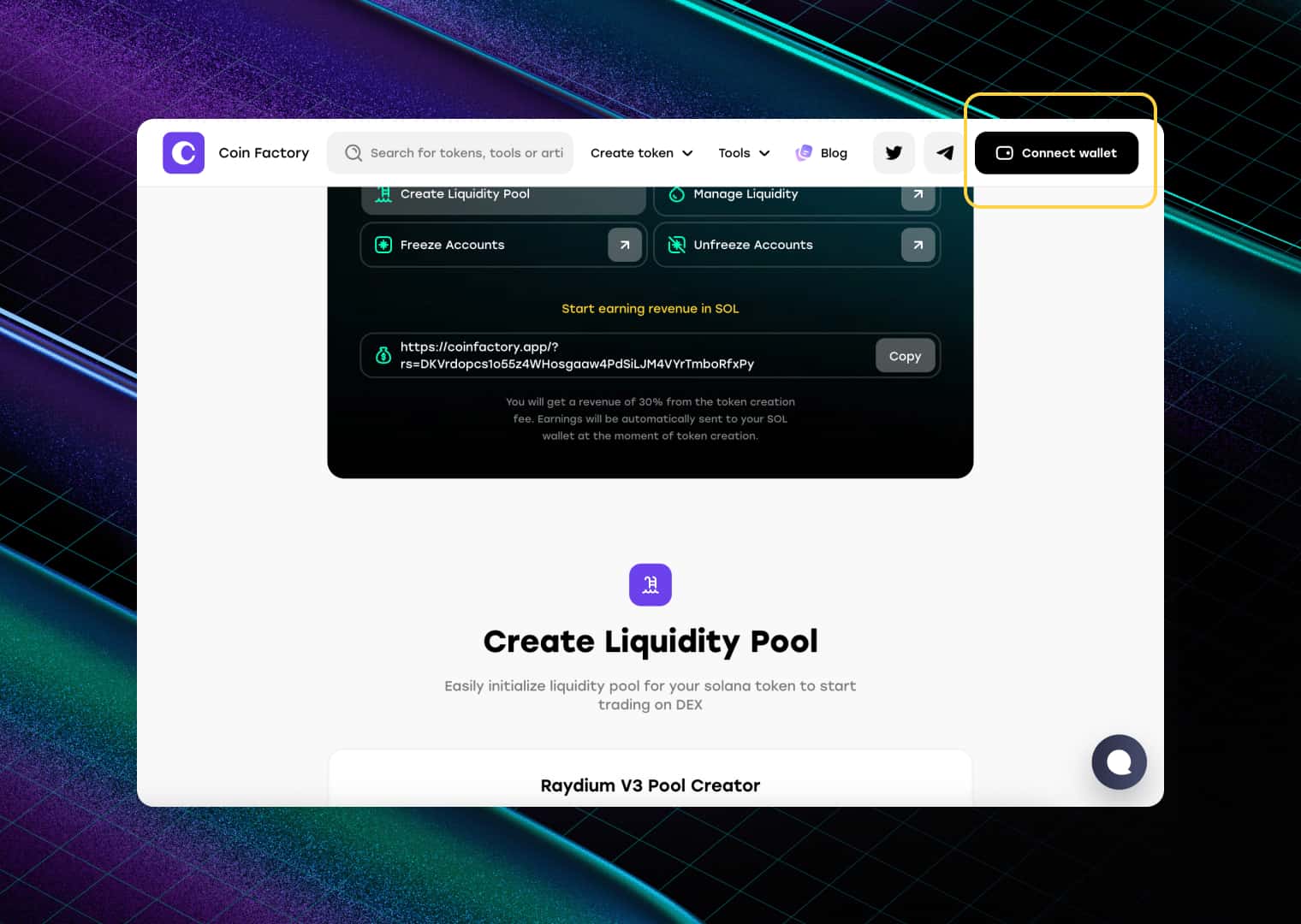 Liquidity pool creation page with a dedicated wallet connection button