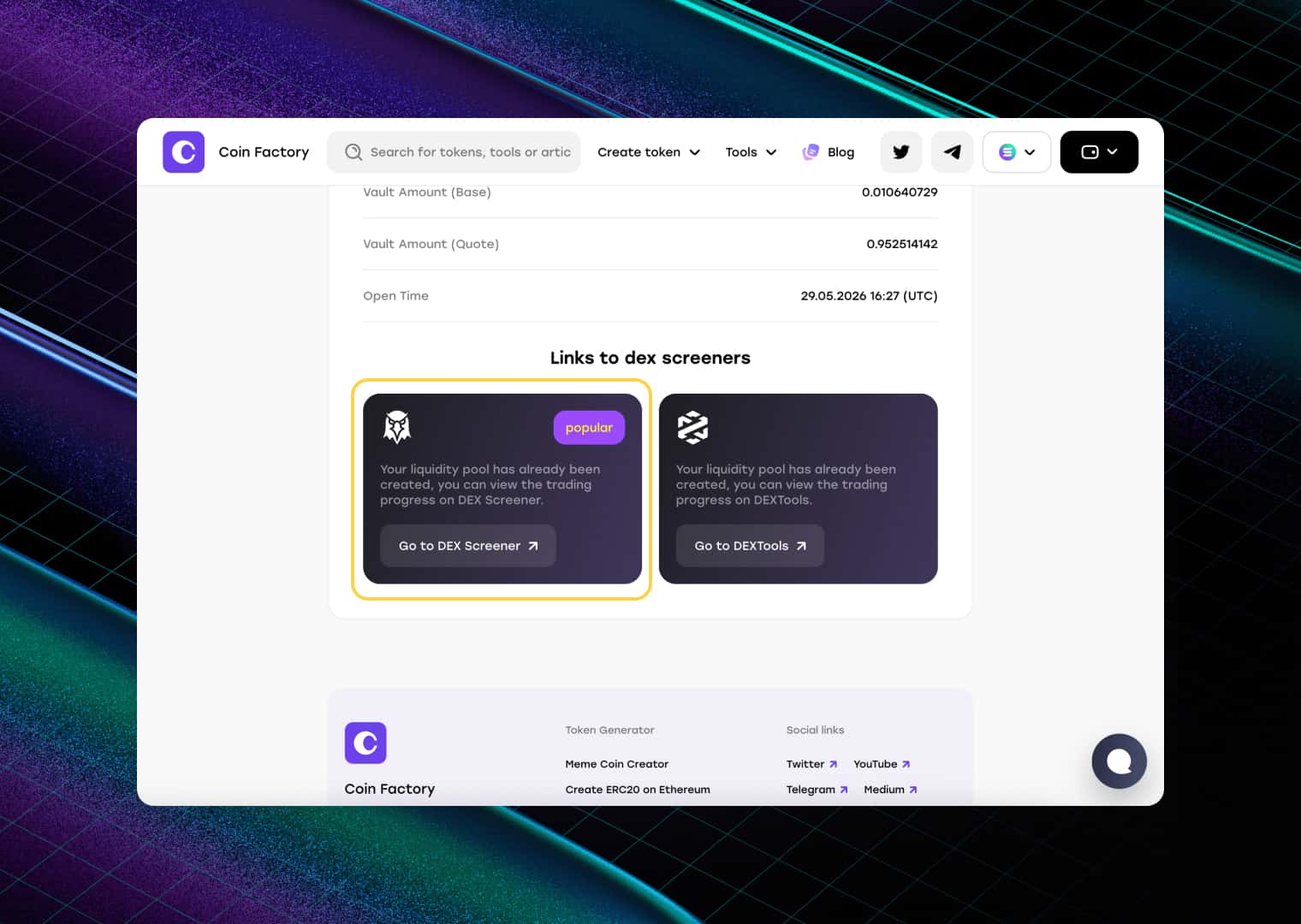 Page of the created liquidity pool