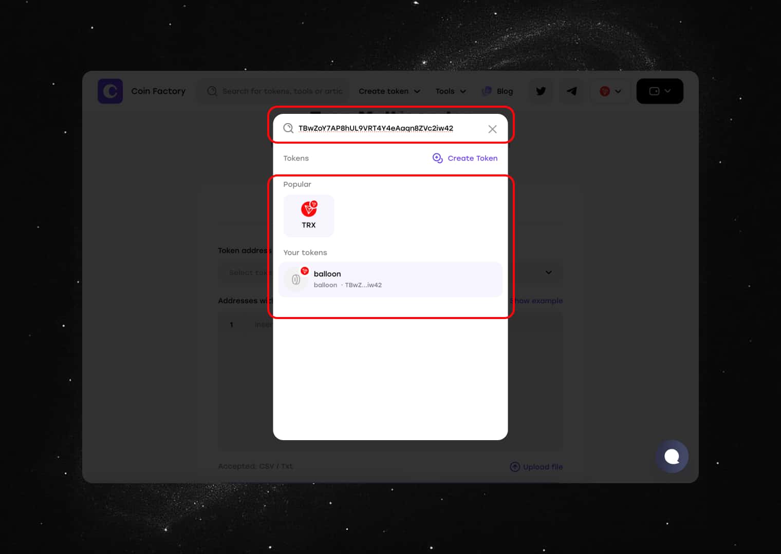 Enter the TRC-20 Token and Recipient Details