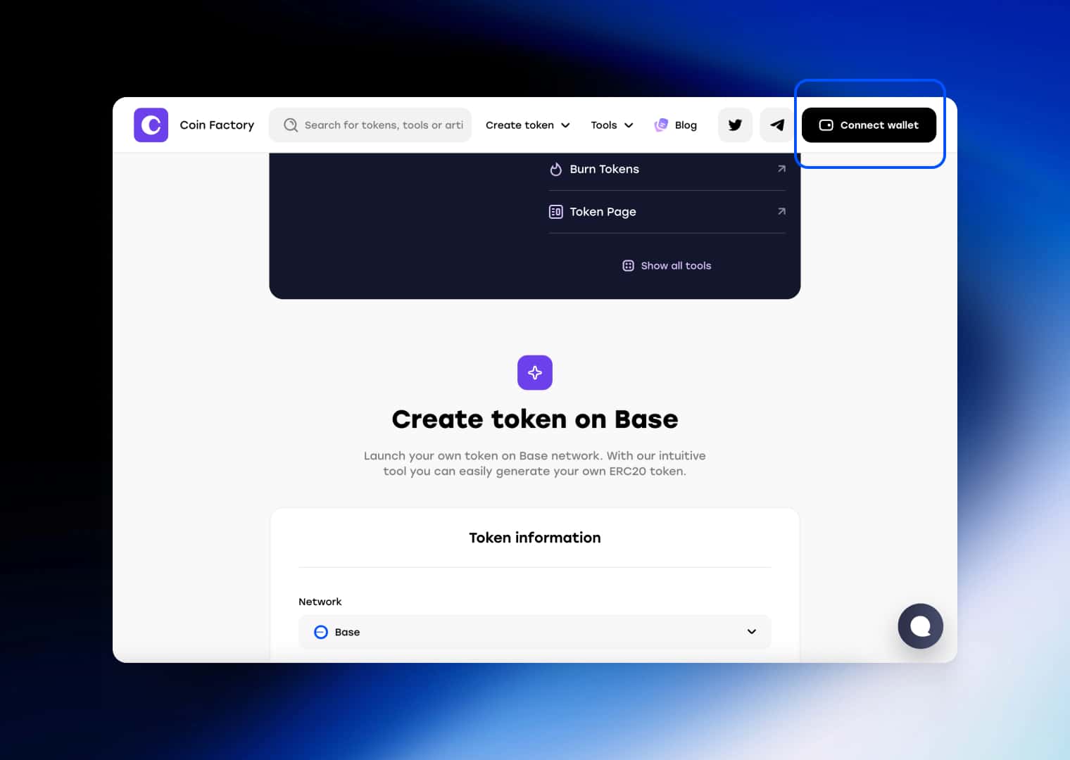 Нажмите Connect wallet для подключения кошелька