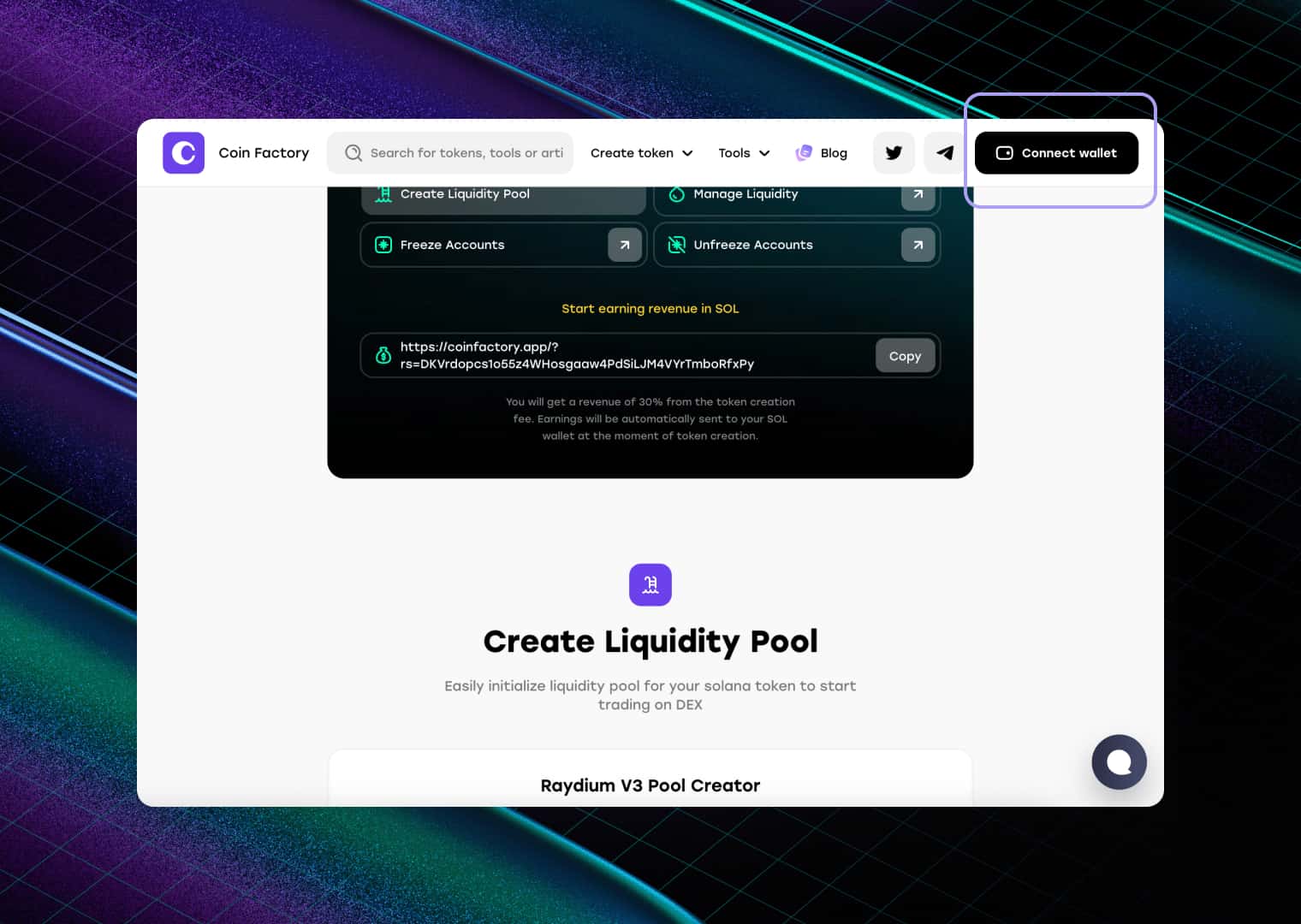 Liquidity pool creation page on CoinFactory