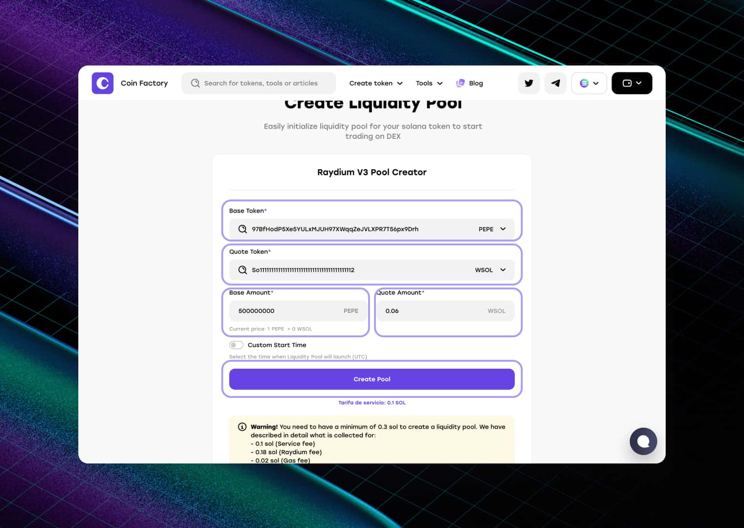 Fill in the market data of your token